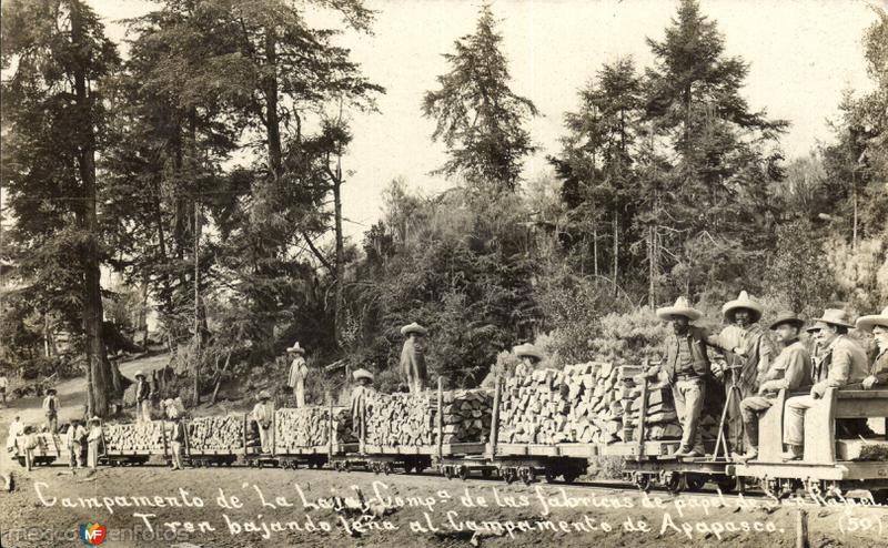 Campamento de La Laja, Compañía de las fábricas de papel de San Rafael. Tren bajando leña.