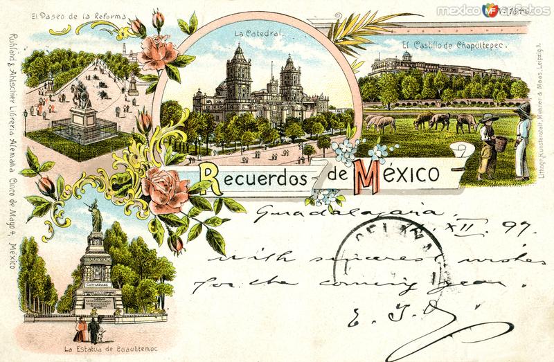 Fotos de Ciudad De México, Distrito Federal: Tarjeta postal con vista múltiples de la Ciudad de México (circulada en 1897)