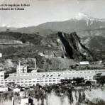 Fabrica de papel en Atenquique Jalisco al fondo los volcanes de Colima ( Circulada el 8 de Agosto de 1947 ).